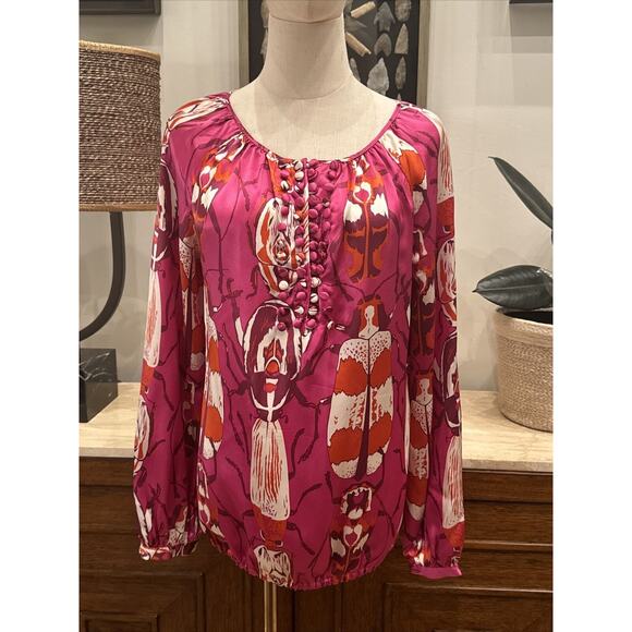 103. TORY BURCH 100% Silk Fuchsia Pink Long Sleeve Beetle Bug Blouse Top Sz 4 - Picture 1 of 8
